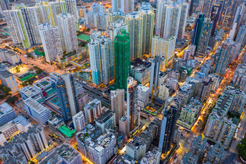 Aerial view of Hong Kong city in the evening