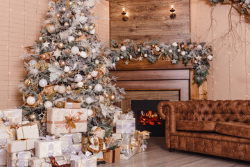 Christmas tree and fireplace in the room