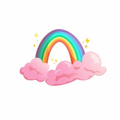 Cute rainbow with magic pink clouds. Cartoon vector illustration.
