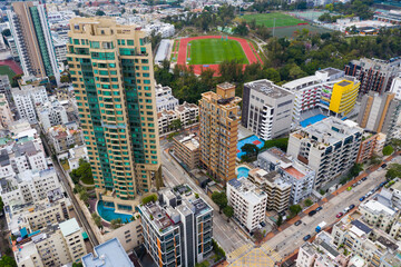 Drone fly over Hong Kong city