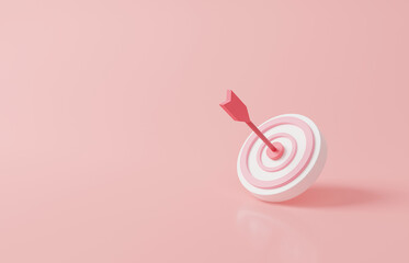 Arrow hit the center of target on pink pastel background. Business finance target concept.3d render success of the arrow bow to the target. Marketing time concept. 3d rendering illustration. Minimal - obrazy, fototapety, plakaty