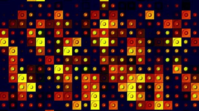 Abstract geometric background with a wall of blinking boxes with a cross sign. Motion. Seamless loop motion of shimmering square shaped objects.