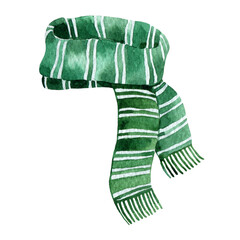 Watercolor green scarf illustration, knitted scarf, school scarf