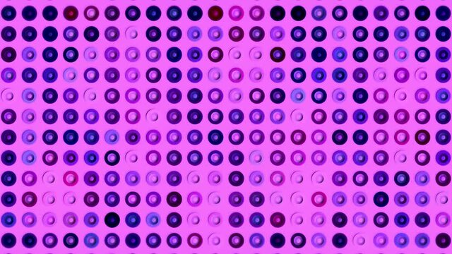 Colorful abstract background with equalizer disco animated circles, seamless loop. Motion. Led stage concert lights wall of bright pink color with shimmering circles.