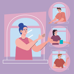 people sharing things through window