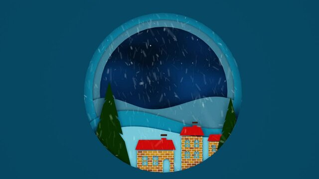New Year. Festive New Year animation with sequins. In the composition there are houses, Christmas trees, falling snowflakes, flying clouds, there is a deer on the hill
