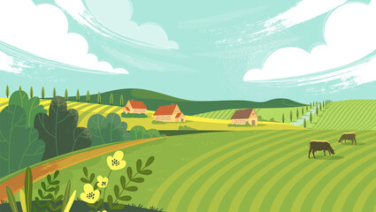 Rural landscape with field, trees, grass and cows. Ecologically clean area with blue sky and clouds. Village in the summer. Vector stock flat style illustration or background for eco products, banner.