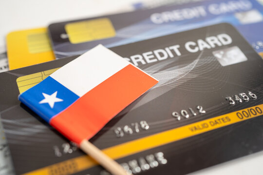 Chile flag on credit card. Finance development, Banking Account, Statistics, Investment Analytic research data economy, Stock exchange trading, Business company concept.