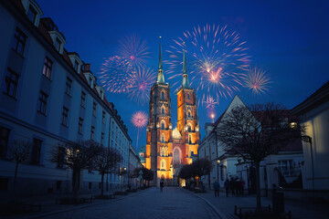 Fireworks in Wroclaw (Poland) during New Year celebration