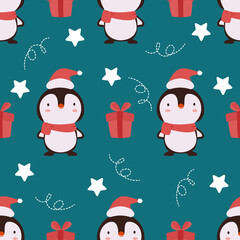 Seamless pattern with cute penguin and gift, illustration for New Year and Christmas