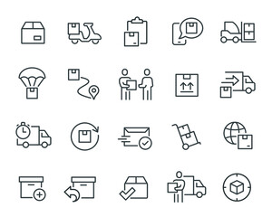 Shipping and Delivery icons set. Courier Delivery, Parcel Courier, Parcel Tracking, Returns, Letter Sending, Shipping Notification, Worldwide Shipping and others.