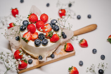 Beautiful strawberry cake decorated with blueberries on a white background