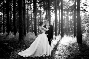 the bride and groom are walking in a pine forest