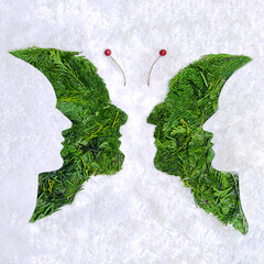 Psychology and optical illusion abstract concept four faces butterfly image. Flat lay arrangement of different shapes and color of arborvitae leaves against snowy white background.