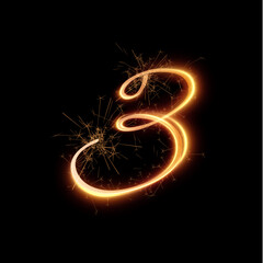 Golden fireworks shiny festive vector number 3 on black background