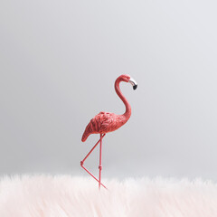 Lonely bird minimal concept. A pink toy flamingo standing alone surrounded with fluffy fur all around. Light gray background