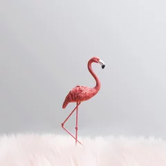 Fotobehang Lonely bird minimal concept. A pink toy flamingo standing alone surrounded with fluffy fur all around. Light gray background © DPA