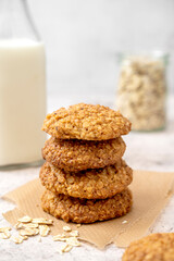 Fototapeta na wymiar Homemade oat cookies, healthy sweet dessert, bright background