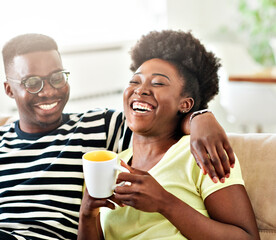 Fototapeta na wymiar woman couple man happy happiness love black young lifestyle together romantic boyfriend girlfriend laughing hug coffee tea cup mug