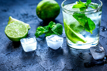 mojito in glass on dark background close up