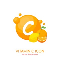 Vitamin C icon, ascorbic acid. Medicine packaging design. Vitamins complex advertising for wellness. Vector Illustration