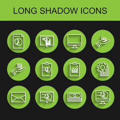 Set line Envelope, Board with graph chart, Document, Stacks paper money cash, Computer monitor, Clipboard, Pie infographic and icon. Vector
