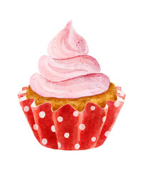 Watercolor delicious cupcake in red paper cup with white peas isolated on white background.