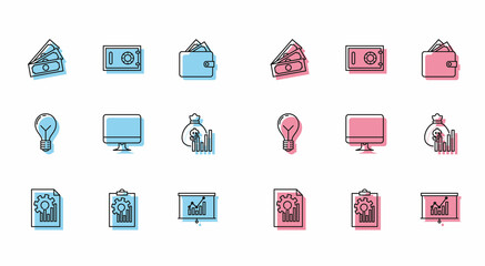 Set line Document with graph chart, Clipboard, Stacks paper money cash, Board, Computer monitor screen, Money bag and diagram, Light bulb concept of idea and Safe icon. Vector