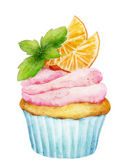 Watercolor delicious cupcake with orange and fresh mint isolated on white background.