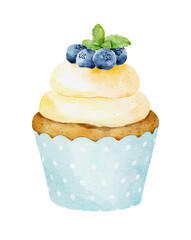 Watercolor delicious cupcake with blueberry and fresh mint isolated on white background.