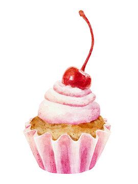 Watercolor delicious cupcake with cherry isolated on white background.
