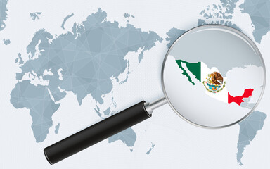Asia centered world map with magnified glass on Mexico. Focus on map of Mexico on Pacific-centric World Map.