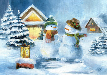 Watercolor snowman and snow girl. Christmas illustration - 468219703