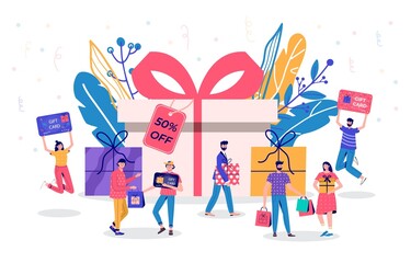 Seasonal discount website sale banner with people holding shopping bag. Promotion of online shop loyalty program, bonus, reward, discount card, coupon or voucher. Modern flat vector for advertisement