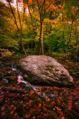 Big Spring Boulder - While hiking in Vermont, I loved the juxtaposition of this huge boulder, next to this tiny, cascading waterfall. The autumn colors of the trees surrounding the scene are beautiful