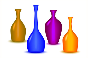 Modern color glass vases row isolated on white background. Row colorful glass bottles in pink, yellow, blue and orange. 3D design. Vector EPS 10