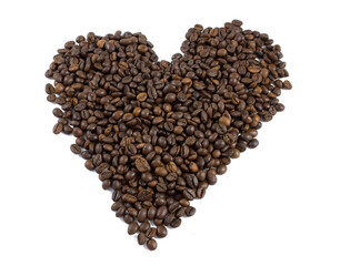 Coffee beans in the form of heart isolated on white background.