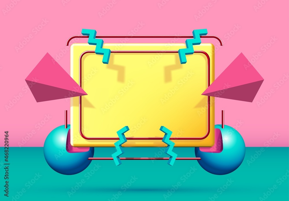 Poster Abstract 90s styled frame with flying 3d objects and shapes. Pink and green background.