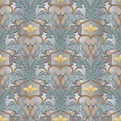 Beautiful floral Baroque style 3d seamless pattern. Elegance ornamental vector background. Repeat light backdrop. Baroque Victorian style ornament. Vintage flowers, leaves, ropes, knot. Modern design