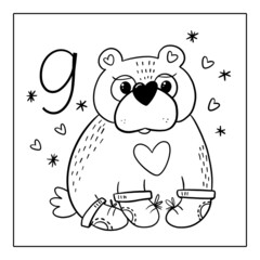 Christmas advent calendar, coloring page. 9 december illustration.