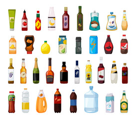Collection of bottles for drinks and sauces in a detailed style.