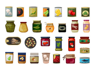 Collection of canned food and pickles in a detailed style.