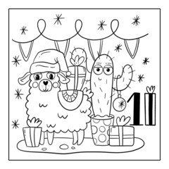 Christmas advent calendar, coloring page. 10 december illustration.