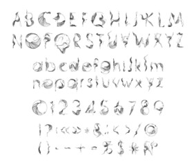 A set of letters, numbers and punctuation marks from threads. Abstract font.