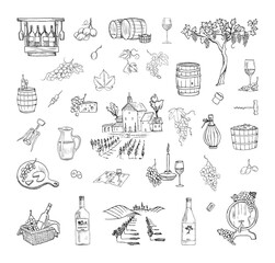 Collection of monochrome illustrations of wine production in sketch style. Hand drawings in art ink style. Black and white graphics.