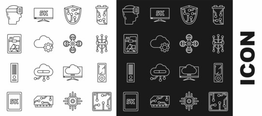 Set line Processor, Music player, Cyber security, Cloud technology data transfer and storage, 3D printer, Virtual reality glasses and Drone icon. Vector