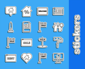 Set line Computer monitor with smart home, Paint roller brush, Search house, Doormat the text Welcome, House contract, Washington monument, Map pointer and Hanging sign Sold icon. Vector