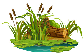 Moss on the stump in marsh. Cartoon log in swamp jungle. Broken tree oak, cattails, salvinia, water lily. Isolated vector element on white background. - obrazy, fototapety, plakaty