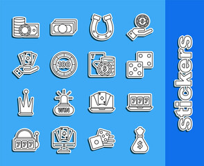 Set line Money bag, Online slot machine with lucky sevens jackpot, Game dice, Horseshoe, Casino chips, Hand holding deck of playing cards, stacks money cash and icon. Vector