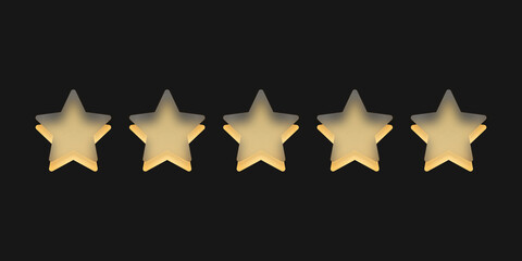Pięć żółtych gwiazdek. Szklane gwiazdki wskazujące ocenę, recenzja produktu. Osiągnięcia w grze. Koncepcja oceny od klienta na temat pracownika albo strony internetowej. Do aplikacji mobilnych. - obrazy, fototapety, plakaty